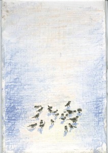 pastel sketch of birds in snow