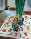 watercolor of flowered cloth with cat