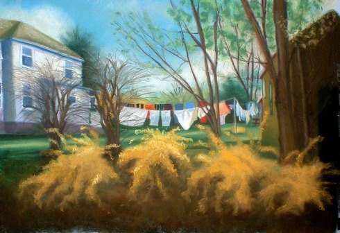 pastel painting of spring yard with laundry