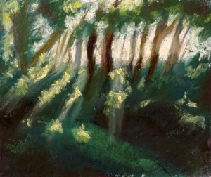 pastel painting of sunbeams through trees
