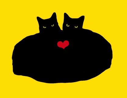 two black cats with heart on yellow background