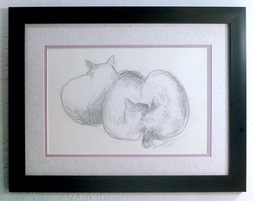 framed pencil sketch of three cats on bed
