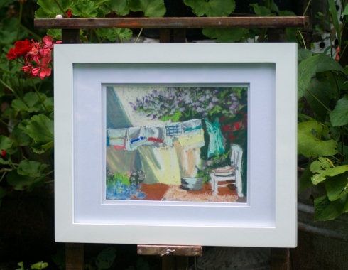 Lilacs and Laundry framed original pastel.