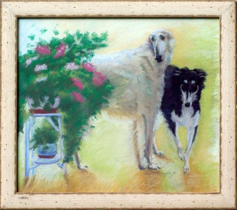pastel painting of two borzois